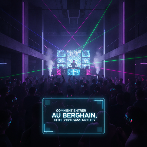 Ambiance techno nocturne du Berghain, neons violets et bleus