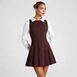 Robe Courte Vintage Marron à Plis Évasés