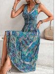 Robe Longue Bohème Imprimée Bleu Évasée