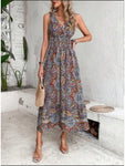 Robe Longue Bohème Imprimée Bleu Évasée