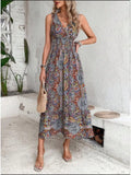 Robe Longue Bohème Imprimée Bleu Évasée