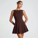 Robe Courte Vintage Marron à Plis Évasés