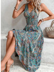 Robe Longue Bohème Imprimée Bleu Évasée