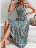 Robe Longue Bohème Imprimée Bleu Évasée