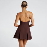 Robe Courte Vintage Marron à Plis Évasés