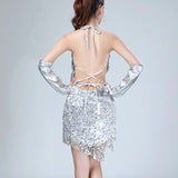 Mini-Robe Scintillante à Sequins et Franges