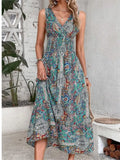 Robe Longue Bohème Imprimée Bleu Évasée
