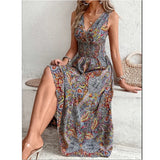 Robe Longue Bohème Imprimée Bleu Évasée