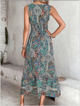 Robe Longue Bohème Imprimée Bleu Évasée