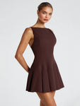 Robe Courte Vintage Marron à Plis Évasés