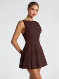 Robe Courte Vintage Marron à Plis Évasés